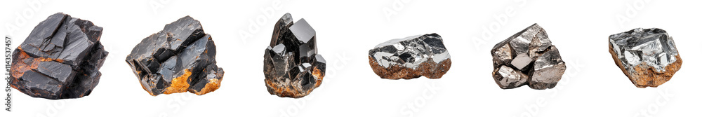 Poster different types of dark natural rocks with shiny surfaces and unique textures on white background
