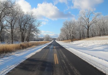Scenic Winter Road Surrounded by Frosted Trees and Snowy Landscape Under a Bright Blue Sky with Fluffy Clouds on a Clear Day