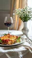 Eggplant Parmesan on a plain beige table with an elegant flower vase, next to soft cream curtains, emphasizing the crispy, cheesy layers, in a minimal aesthetic.