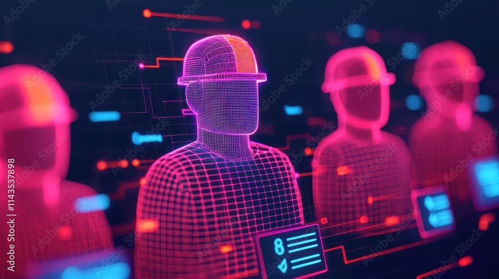 Poster digital rendering of workers in virtual reality with neon highlights