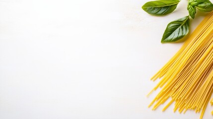 A bundle of uncooked spaghetti noodles accompanied by fresh basil leaves on a light background, perfect for Italian cooking.