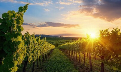 Sunrise over grape Vineyard  summer winery region morning landscape