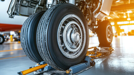 Fototapeta premium Airplane wheel compartment with mechanical components and hydraulic systems, essential for safe landing and takeoff. Precision engineering and aviation safety concepts.