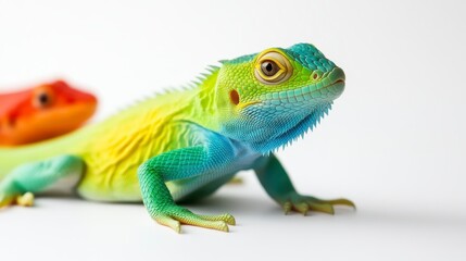 Obraz premium A vibrant, colorful lizard featuring bright blue and green hues, showcasing detailed scales against a plain background.