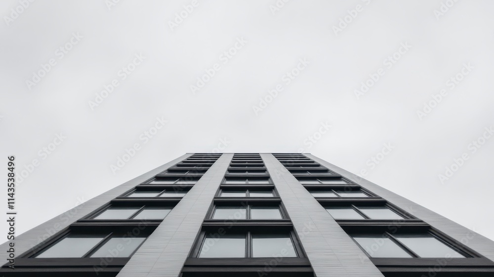 Poster a modern building viewed from below, showcasing its vertical lines and large windows against a cloud