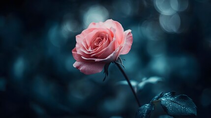 A Single Pink Rose Dew Drops Dark Background