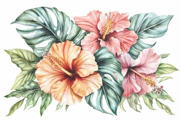 Tropical Hibiscus Flowers with Lush Green Leaves in Watercolor Style