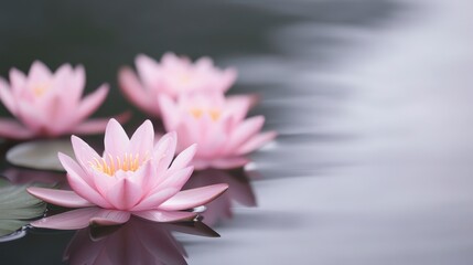 A serene image of pink water lilies floating gracefully on a calm pond's surface, reflecting natural beauty.