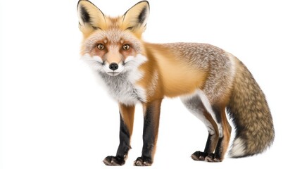 Fototapeta premium A realistic depiction of a fox showcasing its distinct orange fur, bushy tail, and alert expression, highlighting its natural beauty.