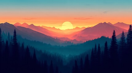 Obraz premium Vibrant Sunset Over Mountain Range: Digital Painting. AI Generated