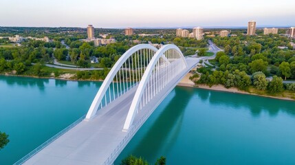 Fototapeta premium A modern arch bridge spans a tranquil river, surrounded by lush greenery and urban development under a clear sky.