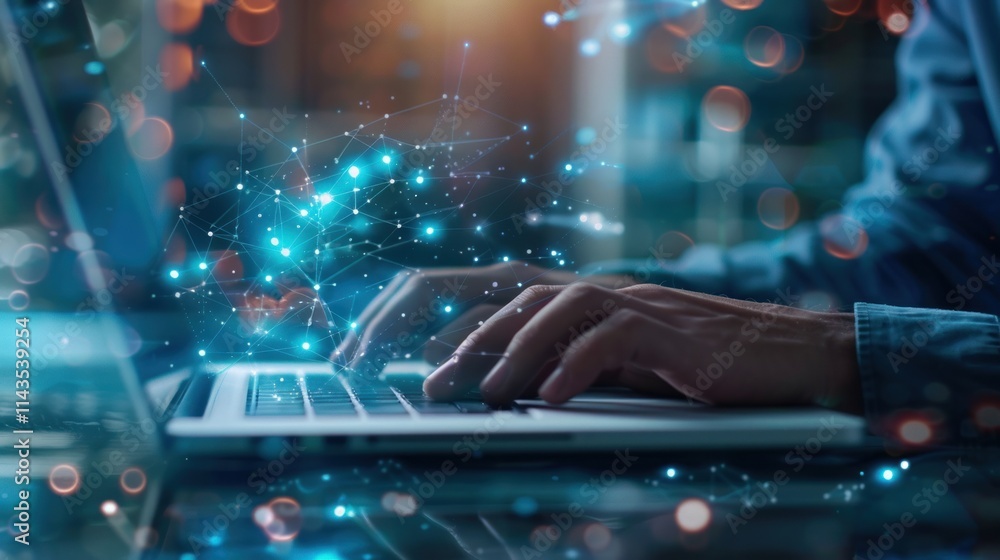 Poster global network connection: a person typing on a laptop with a digital network hologram