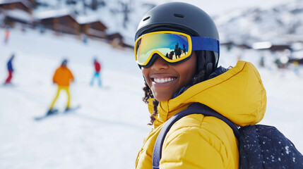 Black woman snowboarding with helmet and goggles at slope snow mountain