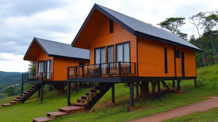 Fototapeta premium Two modern orange cabins on stilts surrounded by greenery, offering a serene getaway in a picturesque landscape.