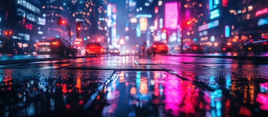 Wet asphalt reflects neon city lights on a rainy night.