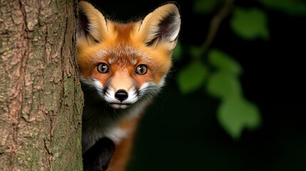 Fototapeta premium A curious red fox peeks from behind a tree, showcasing its vibrant fur and keen eyes in a natural woodland setting.