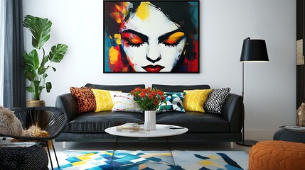 Vivid painting adorns living room interior photo.. AI Generated