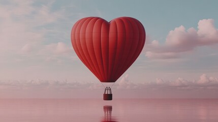 Fototapeta premium A heart-shaped hot air balloon floats above a serene body of water, reflecting a soft pastel sky, evoking feelings of love and adventure.
