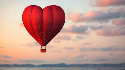Obraz premium A vibrant red hot air balloon shaped like a heart floats serenely above a tranquil landscape at sunset, symbolizing love and adventure.