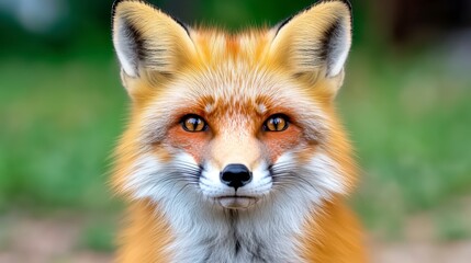 Fototapeta premium A close-up of a red fox with bright orange fur and striking eyes, set against a soft green background.