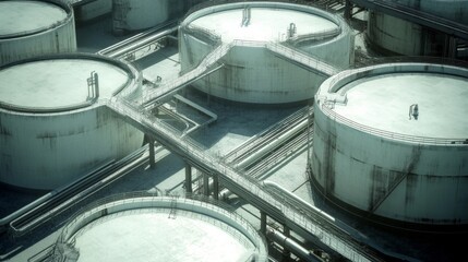 Aerial view of large industrial storage tanks and pipelines.