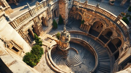 Obraz premium Sweeping spiral staircase photo, detailed stone architecture, wide shot. AI Generated
