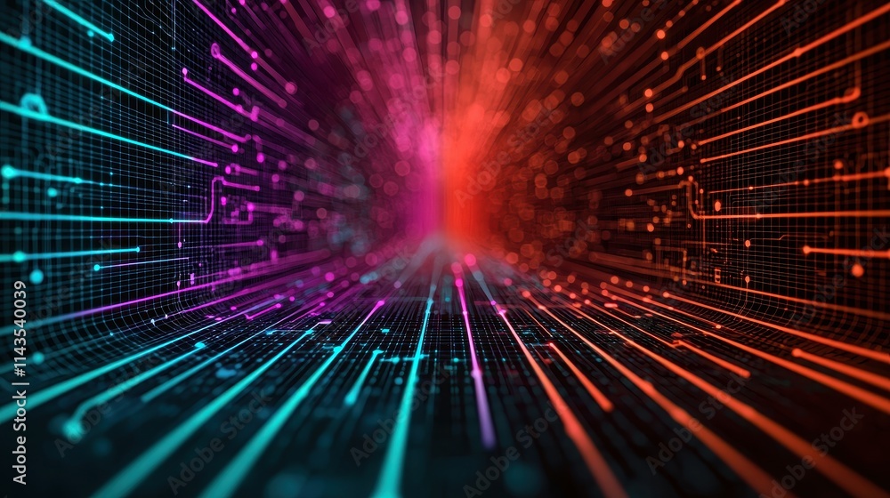Poster digital network pathway with vibrant colorful lines and grid effects
