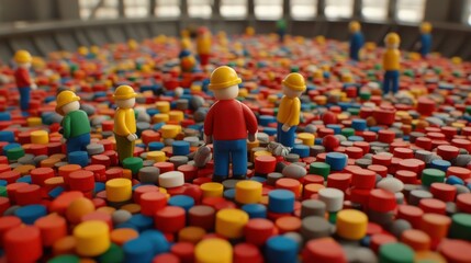 Obraz premium The image shows colorful toy figures in hard hats standing on a vibrant array of small, cylindrical objects, resembling a construction or playful environment.