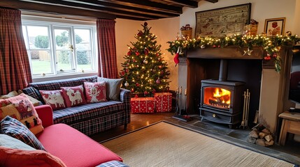 48. A traditional holiday home with a roaring fireplace, cozy cushions, and sparkling Christmas tree lights