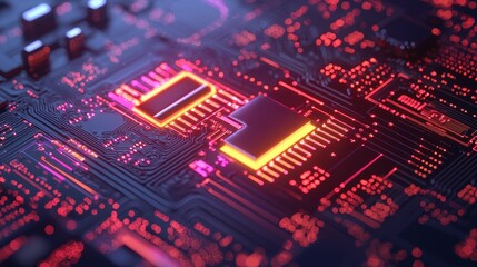 Obraz premium Vibrant Electronic Circuit Board with Neon Light Effects