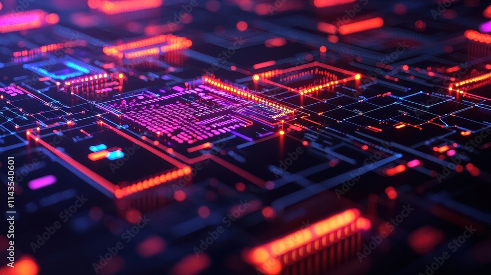 Poster abstract digital circuit board with bright neon lights and patterns