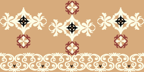 White and brown ikat tribal-style fabric pattern. Ethnic Ikat vector illustration seamless pattern. Ikat edge decoration for carpet, clothing, batik, saree, sarong, and motif.