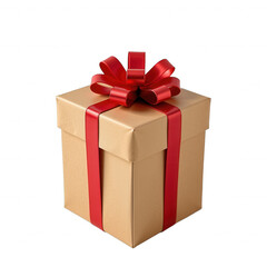 A luxurious golden gift box on transparent background, adorned with a vibrant red bow and matching satin ribbon, set against a neutral background allowing its elegance to shine through