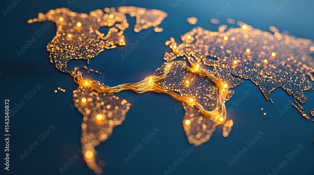 Poster illuminated global map with bright connections in dark background