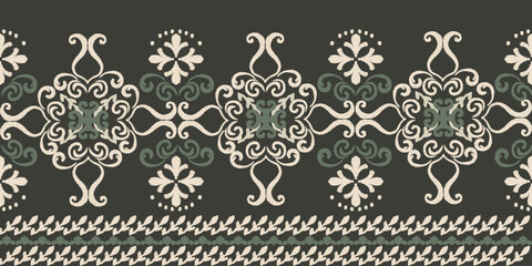 Green, cream, and black ikat tribal-style fabric pattern. Ethnic Ikat vector illustration seamless pattern. Ikat edge decoration for carpet, clothing, batik, saree, sarong, and motif.