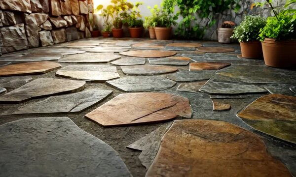 Stone pathway illuminated by sunlight, surrounded by greenery.