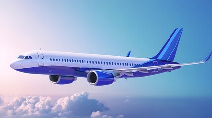 Fototapeta premium Blue and White Airplane in Flight: 3D Render of a Jet Above the Clouds at Sunrise. AI Generated