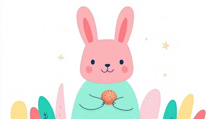 A cute, cartoon-style rabbit with pink ears and a green body holds a small orange in a colorful, whimsical setting filled with abstract plants.