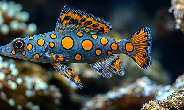 Vibrant fish with orange spots swimming in a coral reef.