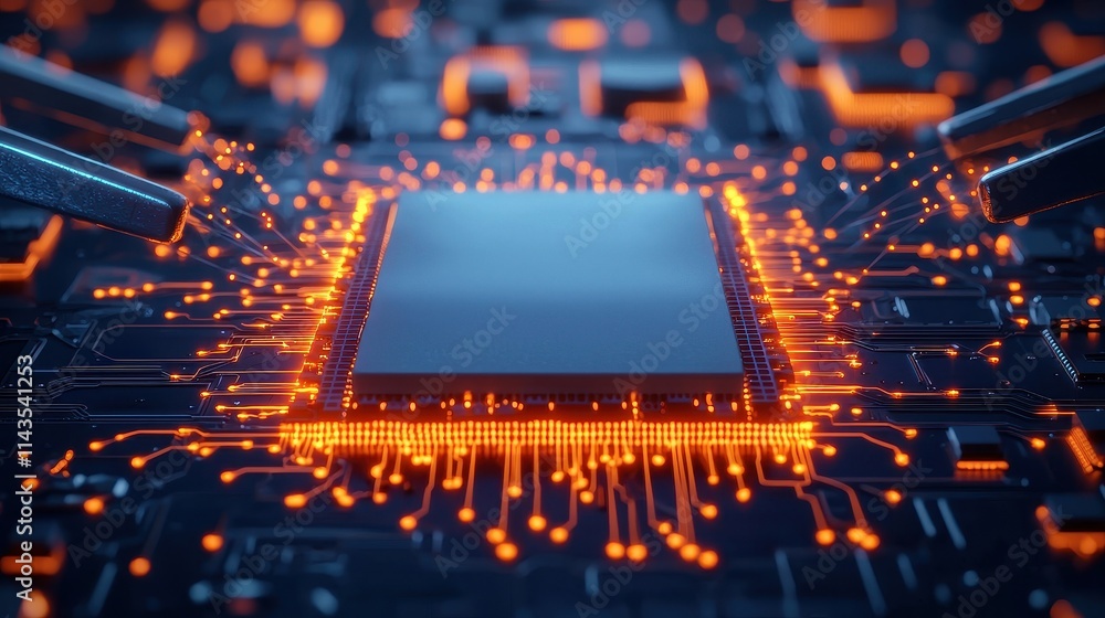 Poster close-up view of circuit board with glowing microchip connections