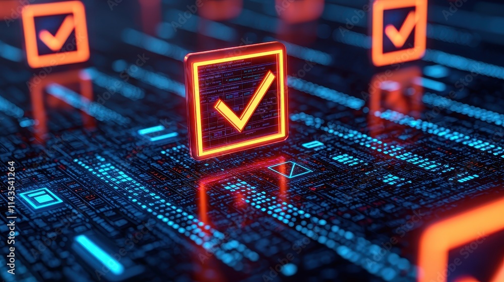 Poster digital checkmarks on a futuristic circuit board background