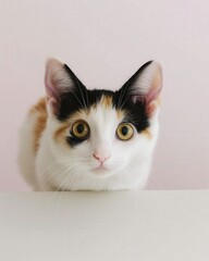 A close-up of a curious calico cat with large yellow eyes, peering over a white surface against a soft pink background, conveying a sense of playfulness and curiosity.