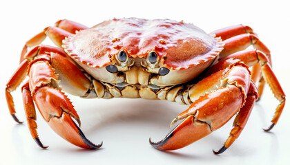 Close-up of a red crab showcasing its distinctive shell and claws isolated on white background