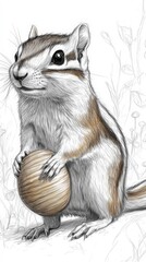 Obraz premium A detailed illustration of a chipmunk holding a wooden ball, set against a lightly sketched natural background, highlighting its playful nature and the beauty of wildlife.