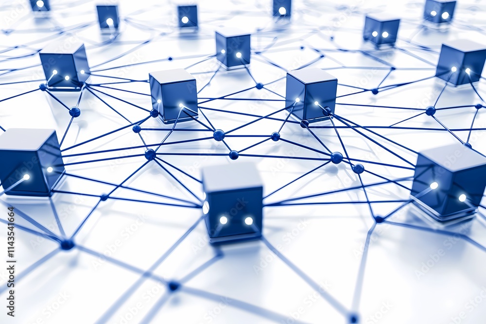 Wall mural abstract digital network with connected cubes and lines of light