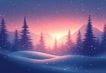 Serene Winter Landscape with Pine Trees and Soft Snowfall at Dawn, Capturing the Tranquility of a Snow-Covered Mountain Scene in the Early Morning Light