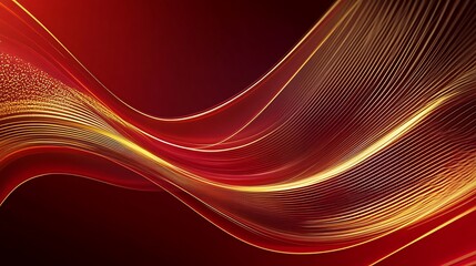 Fototapeta premium Wavy golden lines gracefully flow on deep red backdrop. Digital art abstract style.. AI Generated