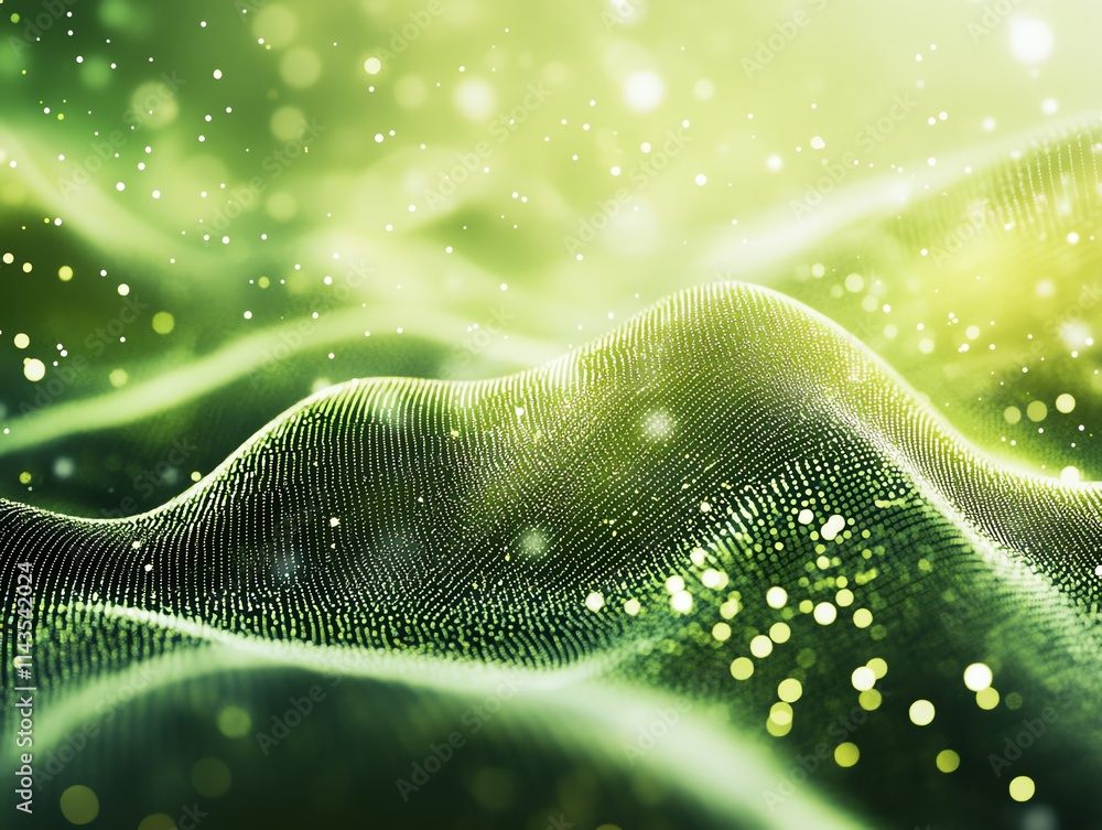 Poster Abstract representation of flowing green waves with sparkling elements.
