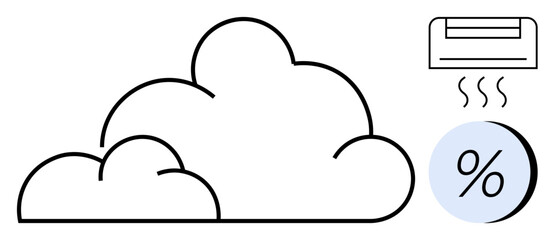 Cloud with air conditioner emitting heat and percentage sign Ideal for weather forecast, HVAC industry, environmental studies, indoor climate control, energy consumption, sustainability, infographic