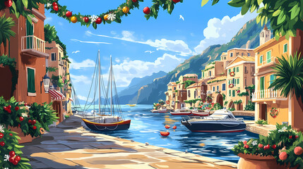 Sunny mediterranean harbor with boats and holiday decorations, capturing december warmth by the sea. Harbor. Illustration